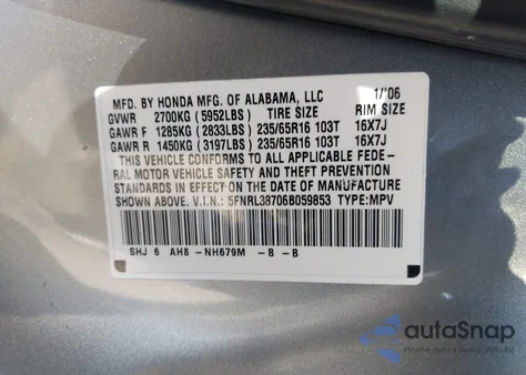 2006 Honda Odyssey Ex-L из США, поврежденный, VIN 5FNRL38706B059853